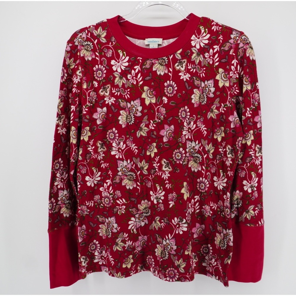 Sundance Red Floral Thermal Waffle Knit Top Velvet Button Cuff Large EUC Boho
